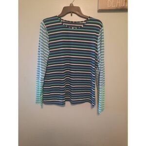 Lands End Top Womens L 14-16 Blue Stripe Long Sleeve Rash Guard Sun Protection T